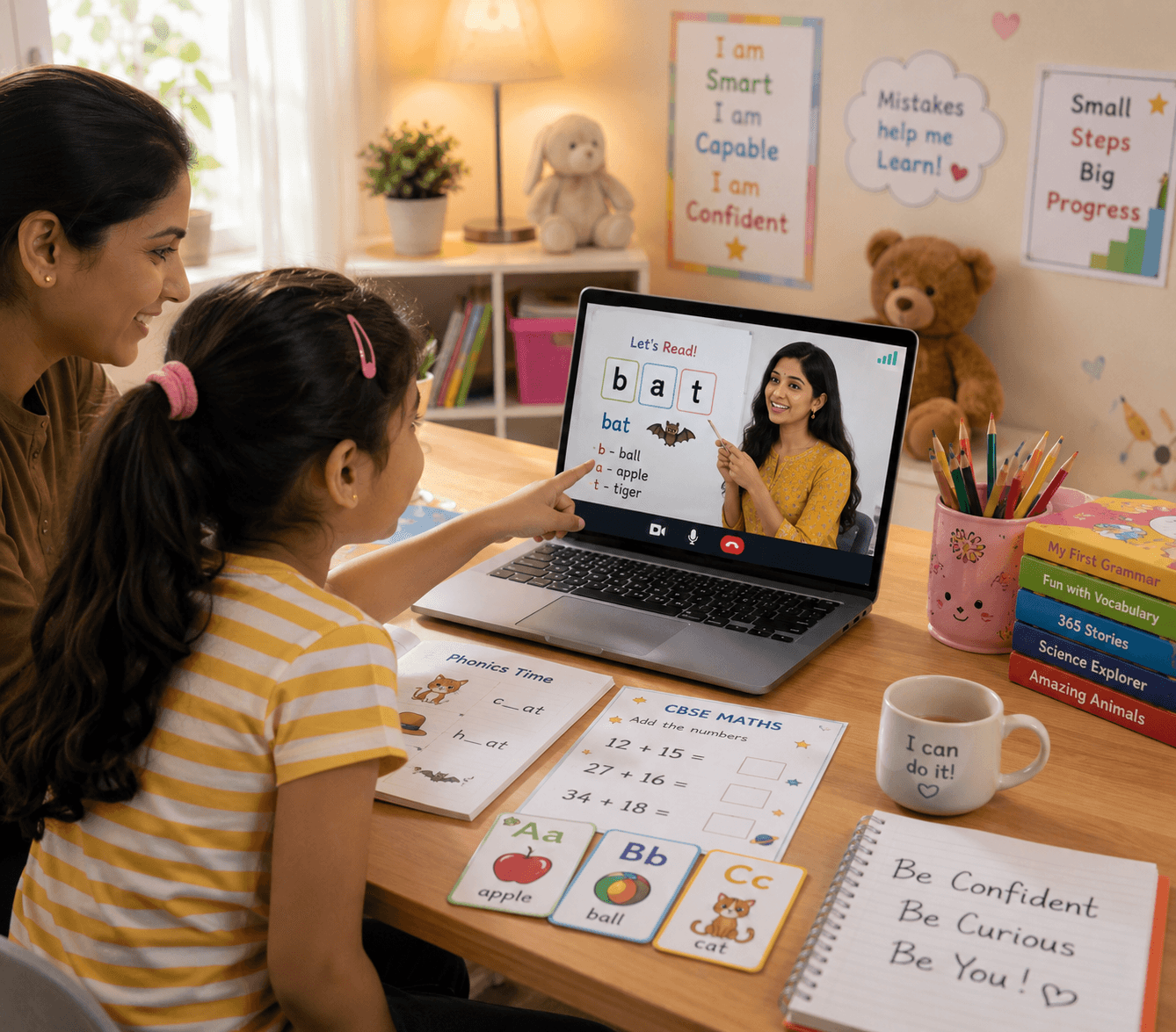 A child and parent enjoying a joyful one-to-one online phonics class, with alphabet flashcards, a CBSE maths worksheet and encouraging posters